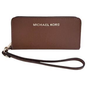 Michael Kors Jet Set Slim Tech Leather Phone iPhone Wristlet Wallet Brown New